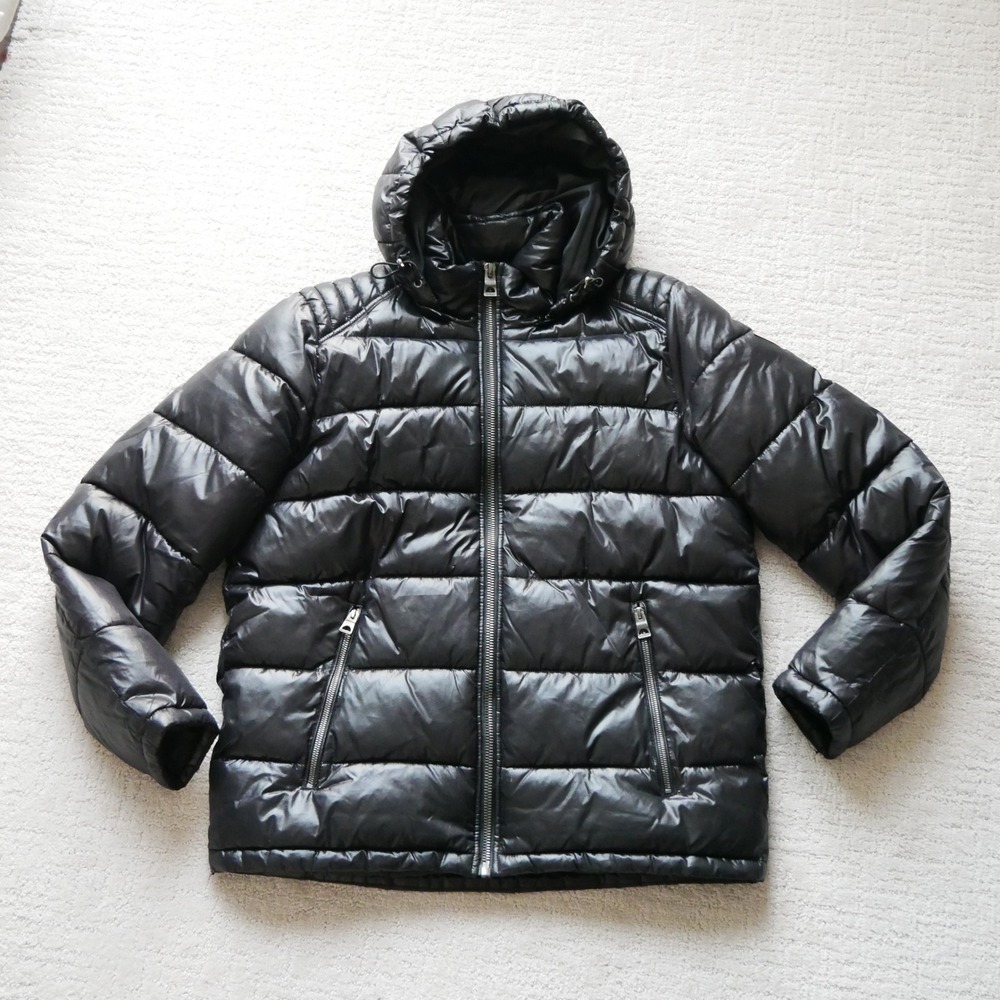 Guess Mens Black Hooded Puffer Jacket Quilted Insulated Coat 119RN716 Size L